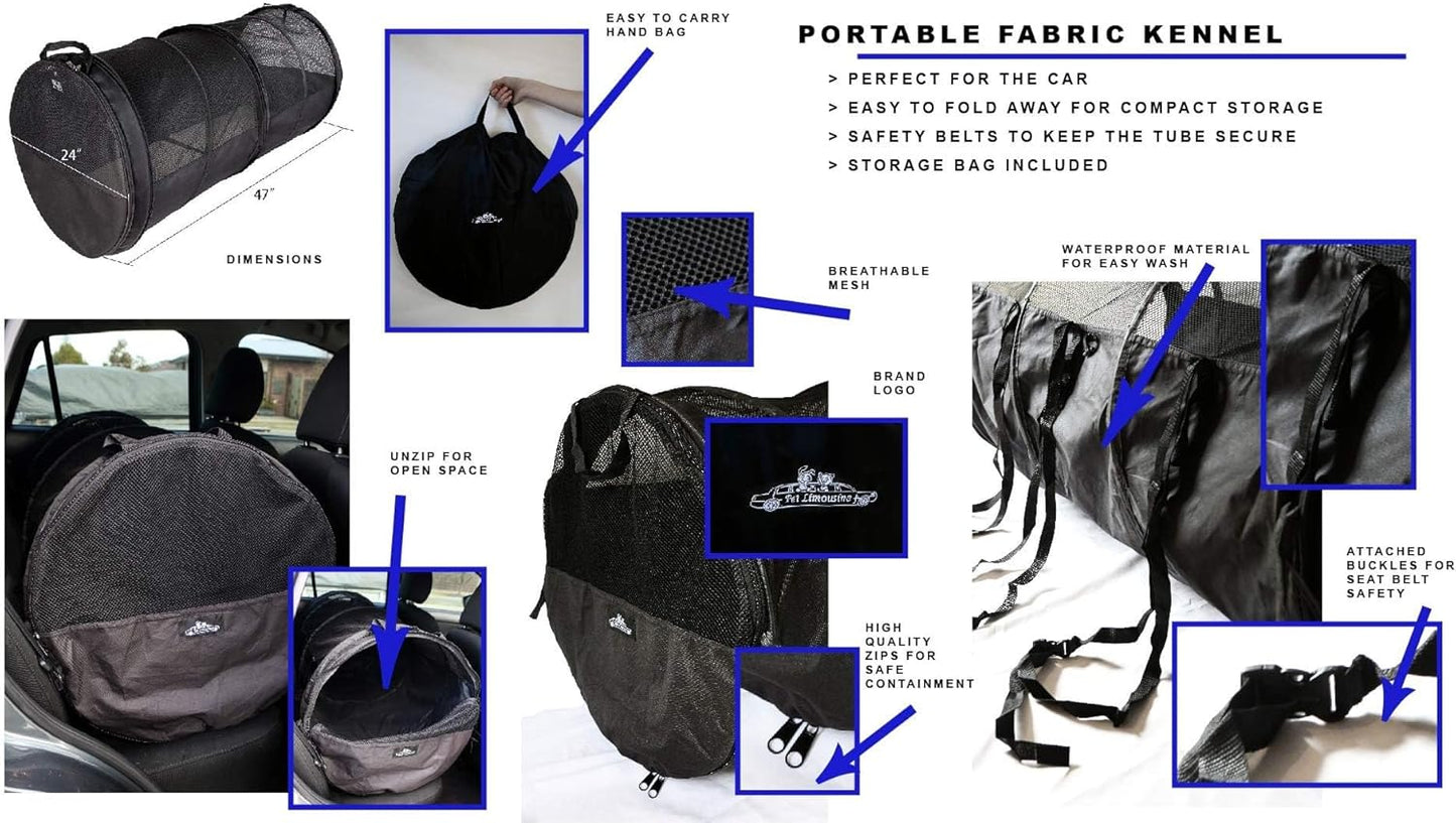 Pet Tube Soft Car Crate Large Kennel the Safe Dog and Cat Travel Mobile Home Pet Limo with Seat Belts and Storage Bag 47Lx24H SUV