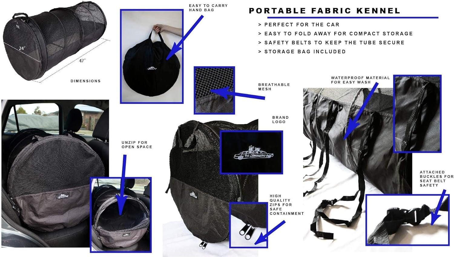 Pet Tube Soft Car Crate Large Kennel the Safe Dog and Cat Travel Mobile Home Pet Limo with Seat Belts and Storage Bag 47Lx24H SUV